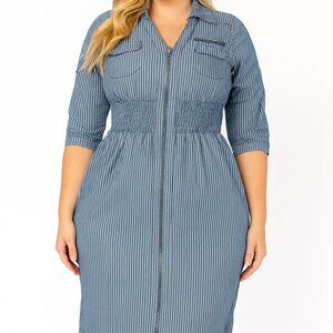 J Gee Striped A-Line Skater Dress Full Zipper Midi Length Smocked Waist Large